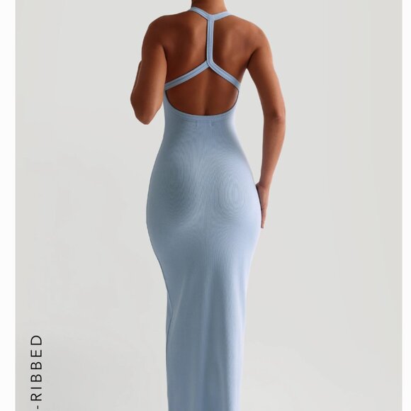 NWT MYOUTFITONLINE Form-Ribbed Split-Back Maxi Dress - blue Celeste - Picture 2 of 7